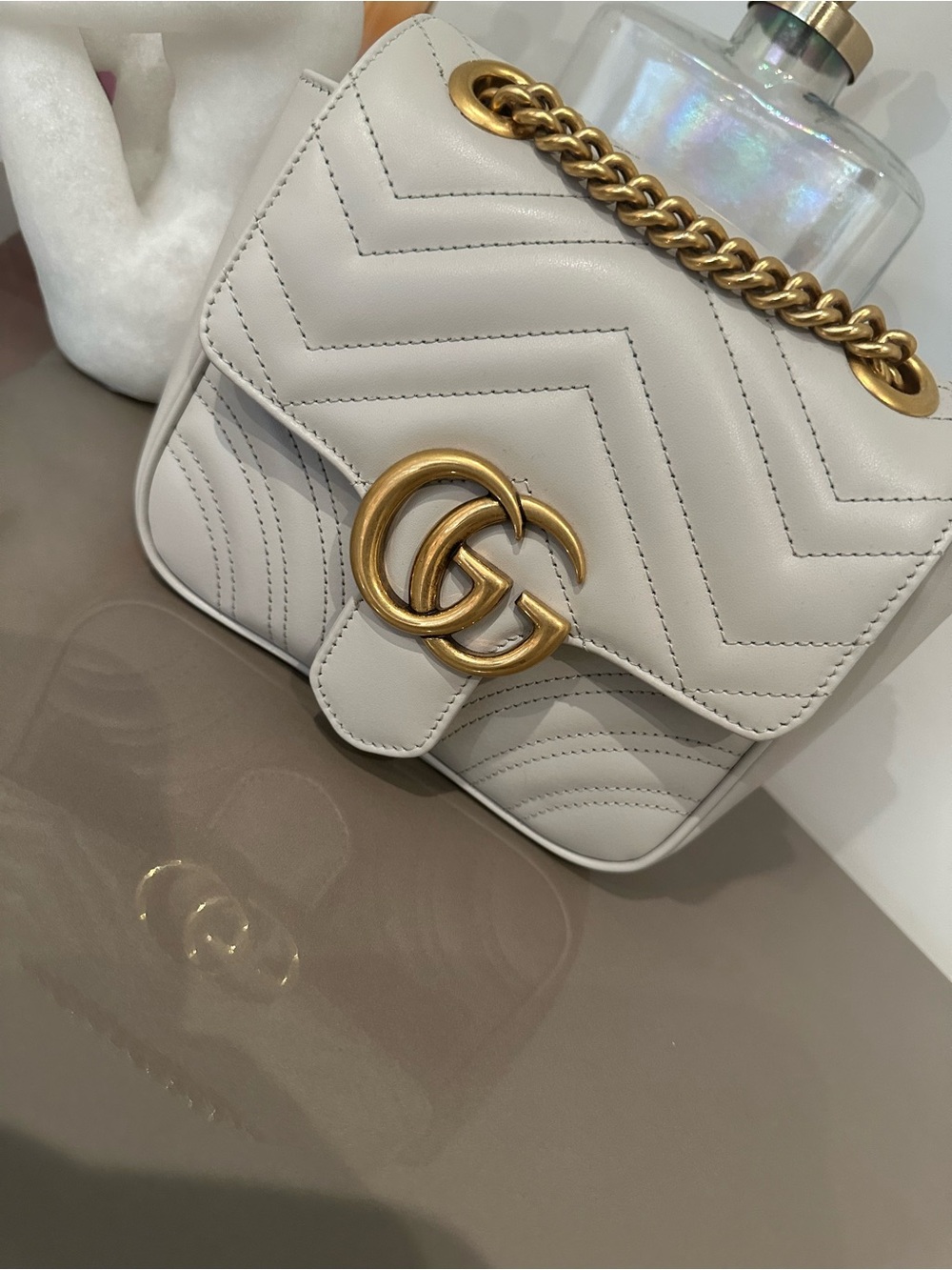 Gucci Small GG Marmont Quilted Shoulder Bag in Light Gray